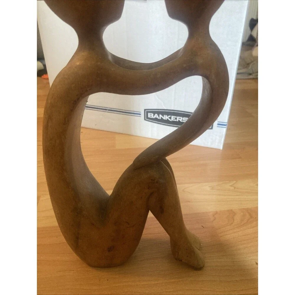 Hand-Carved Wooden Sculpture Mother and Child Embrace Abstract Figurine 11”
